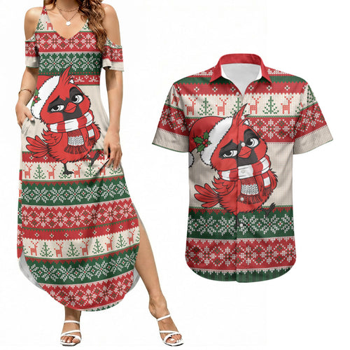 Aussie Cardinal Christmas Couples Matching Summer Maxi Dress and Hawaiian Shirt Festive Knitted Pattern Inspired