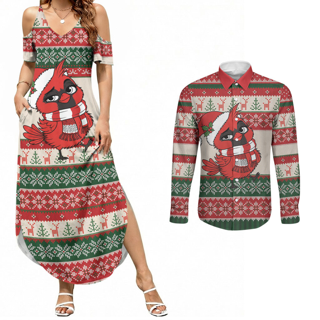 Aussie Cardinal Christmas Couples Matching Summer Maxi Dress and Long Sleeve Button Shirt Festive Knitted Pattern Inspired