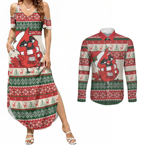 Aussie Cardinal Christmas Couples Matching Summer Maxi Dress and Long Sleeve Button Shirt Festive Knitted Pattern Inspired
