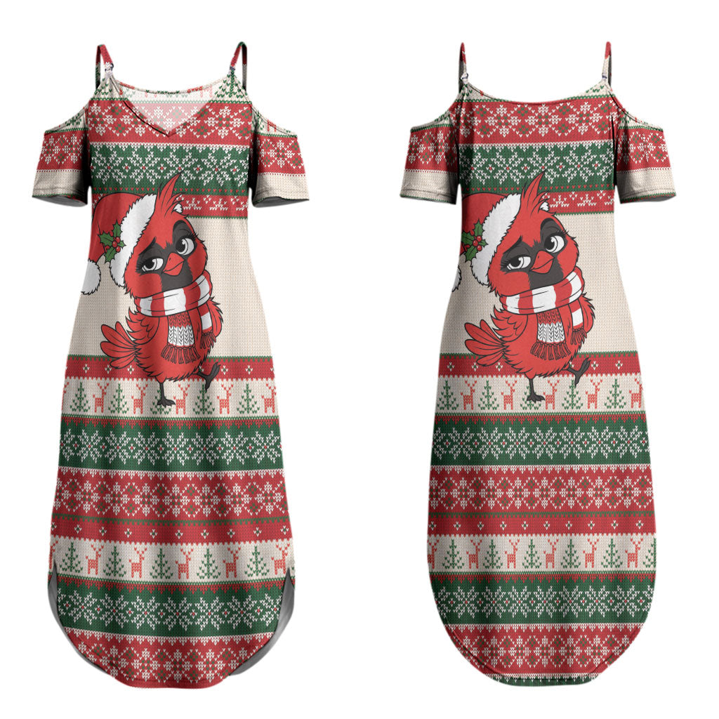 Aussie Cardinal Christmas Couples Matching Summer Maxi Dress and Long Sleeve Button Shirt Festive Knitted Pattern Inspired