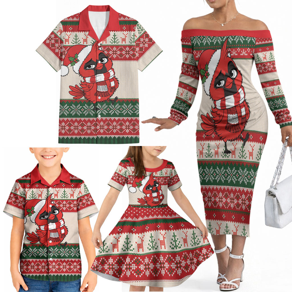 Aussie Cardinal Christmas Family Matching Off The Shoulder Long Sleeve Dress and Hawaiian Shirt Festive Knitted Pattern Inspired