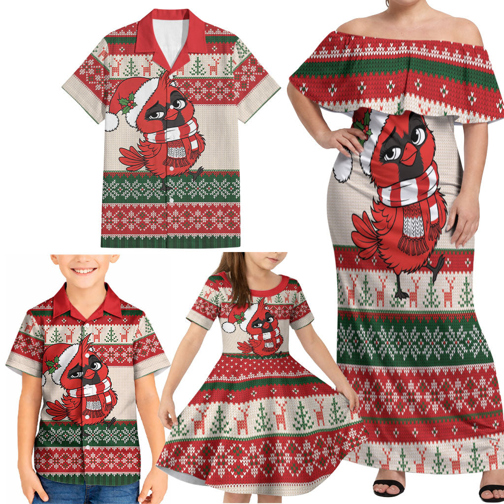 Aussie Cardinal Christmas Family Matching Off Shoulder Maxi Dress and Hawaiian Shirt Festive Knitted Pattern Inspired