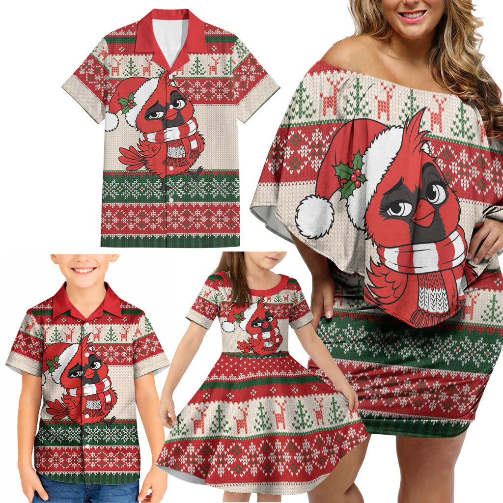 Aussie Cardinal Christmas Family Matching Off Shoulder Short Dress and Hawaiian Shirt Festive Knitted Pattern Inspired