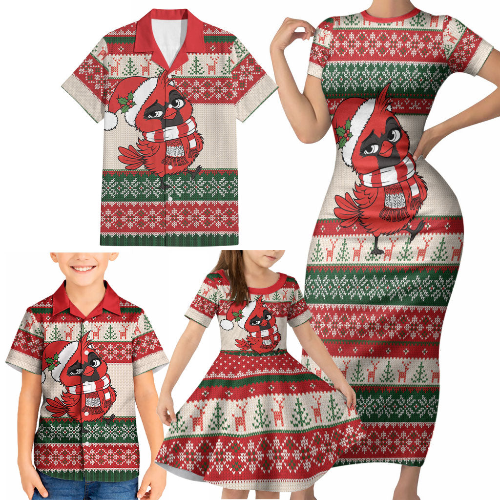 Aussie Cardinal Christmas Family Matching Short Sleeve Bodycon Dress and Hawaiian Shirt Festive Knitted Pattern Inspired