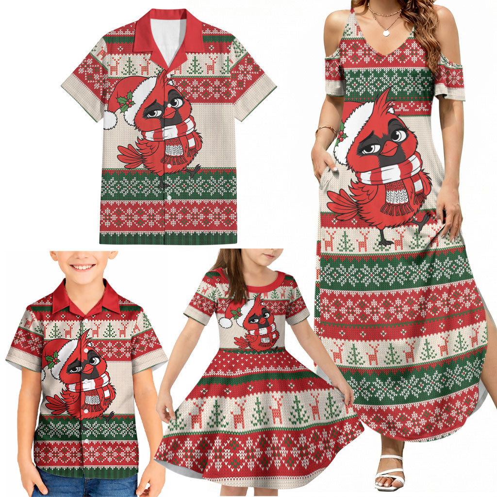 Aussie Cardinal Christmas Family Matching Summer Maxi Dress and Hawaiian Shirt Festive Knitted Pattern Inspired