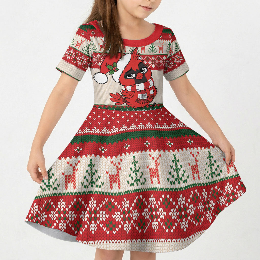 Aussie Cardinal Christmas Kid Short Sleeve Dress Festive Knitted Pattern Inspired