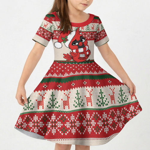 Aussie Cardinal Christmas Kid Short Sleeve Dress Festive Knitted Pattern Inspired