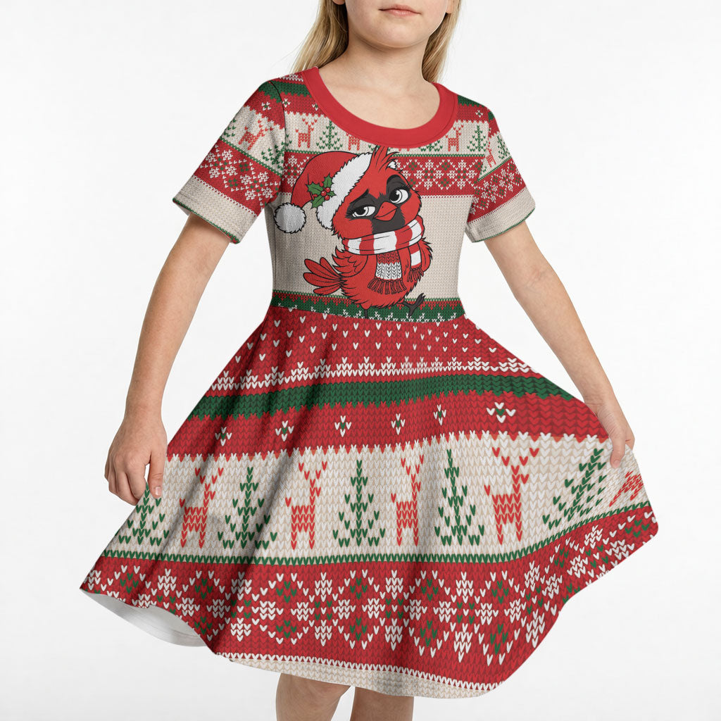 Aussie Cardinal Christmas Kid Short Sleeve Dress Festive Knitted Pattern Inspired