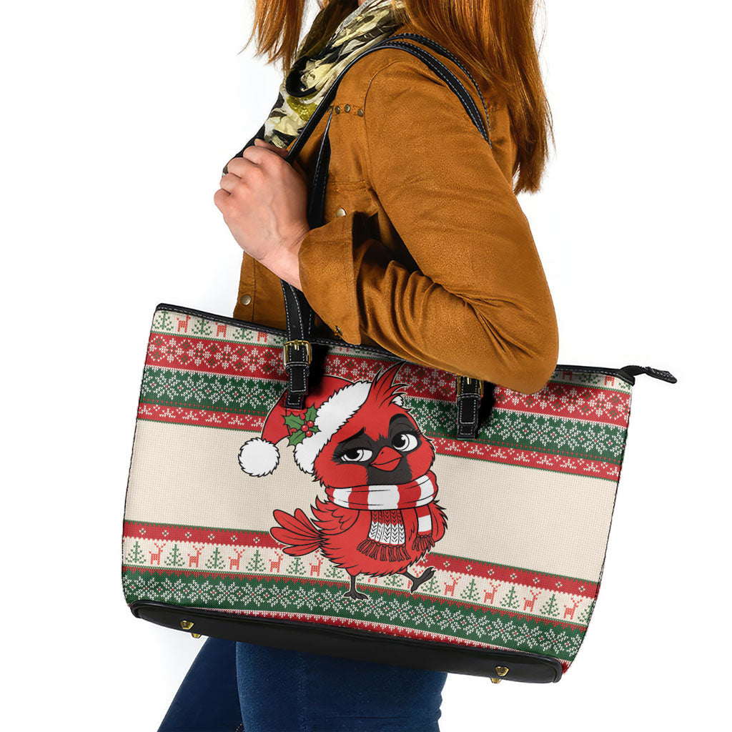 Aussie Cardinal Christmas Leather Tote Bag Festive Knitted Pattern Inspired