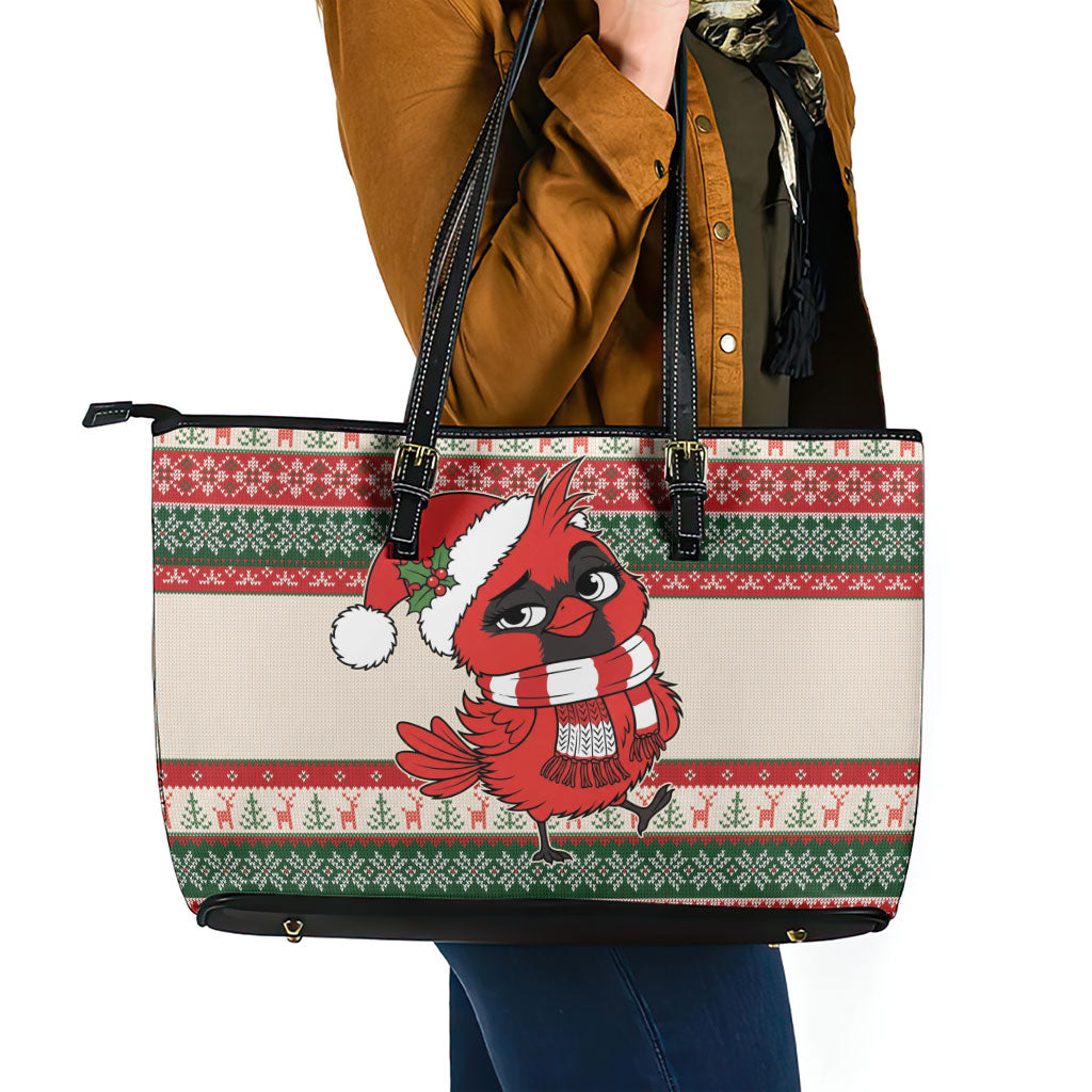 Aussie Cardinal Christmas Leather Tote Bag Festive Knitted Pattern Inspired