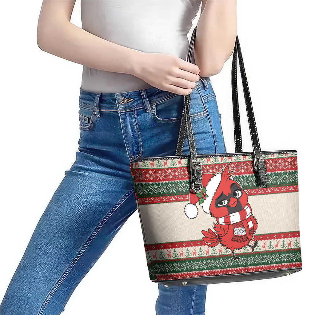 Aussie Cardinal Christmas Leather Tote Bag Festive Knitted Pattern Inspired