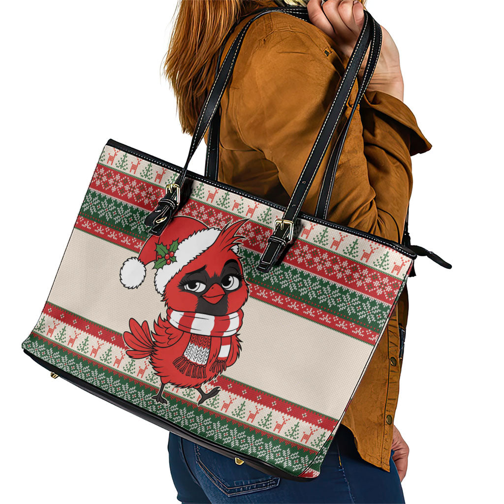 Aussie Cardinal Christmas Leather Tote Bag Festive Knitted Pattern Inspired