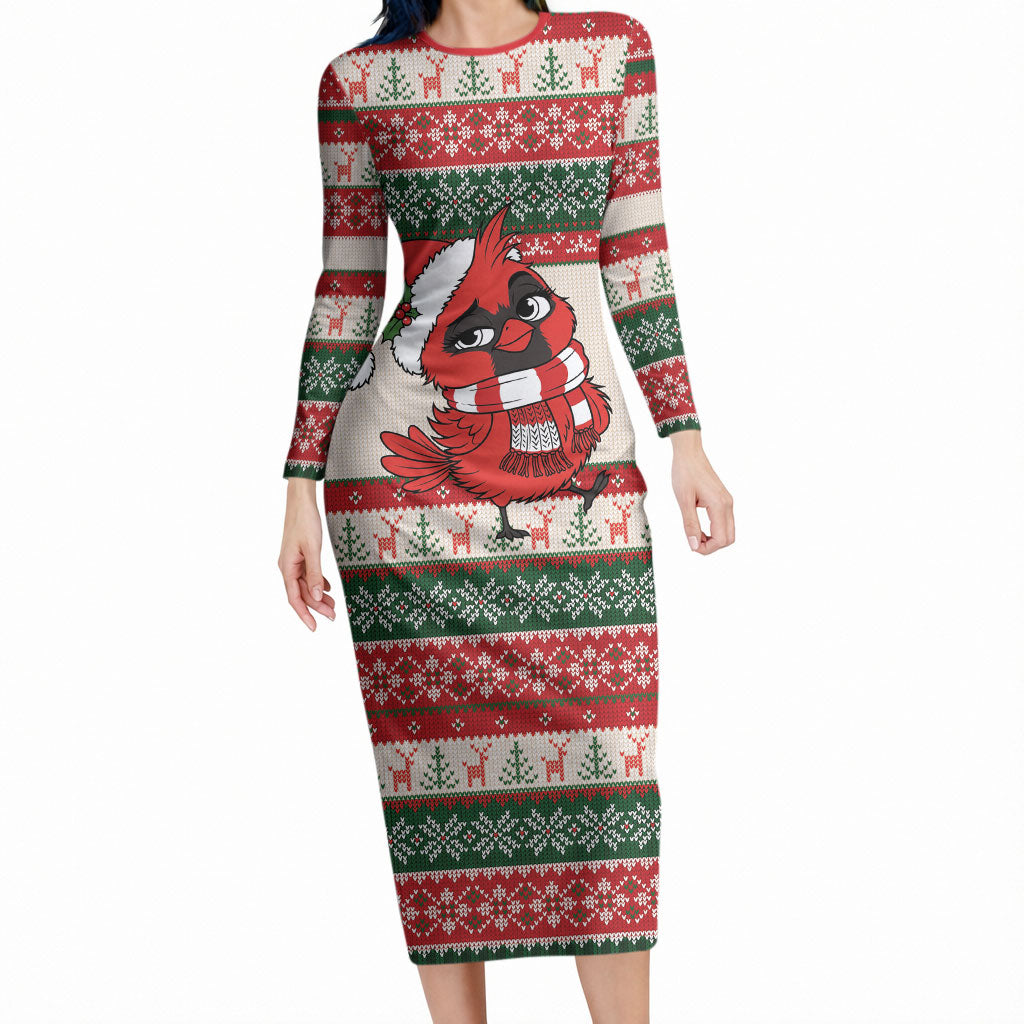 Aussie Cardinal Christmas Long Sleeve Bodycon Dress Festive Knitted Pattern Inspired