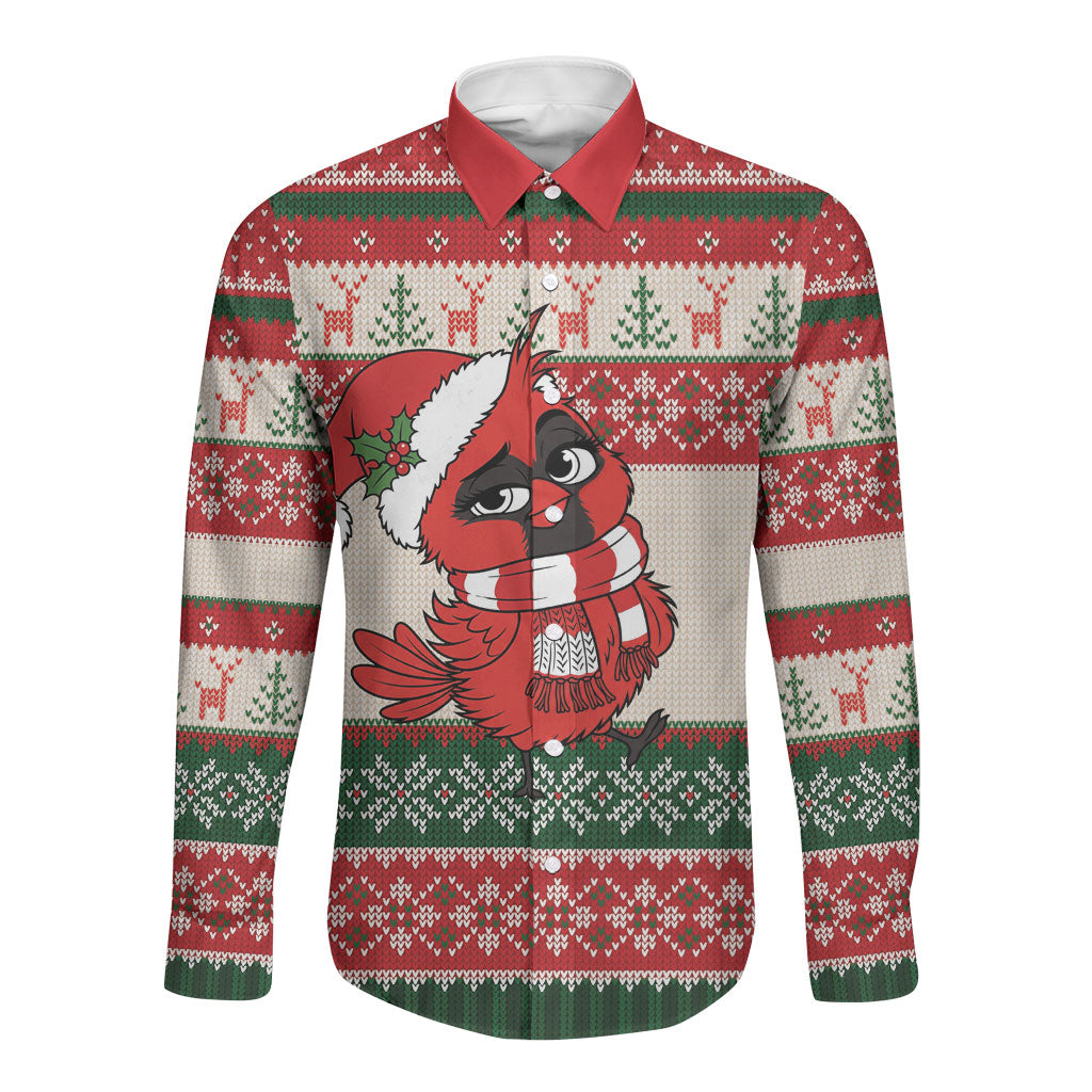Aussie Cardinal Christmas Long Sleeve Button Shirt Festive Knitted Pattern Inspired