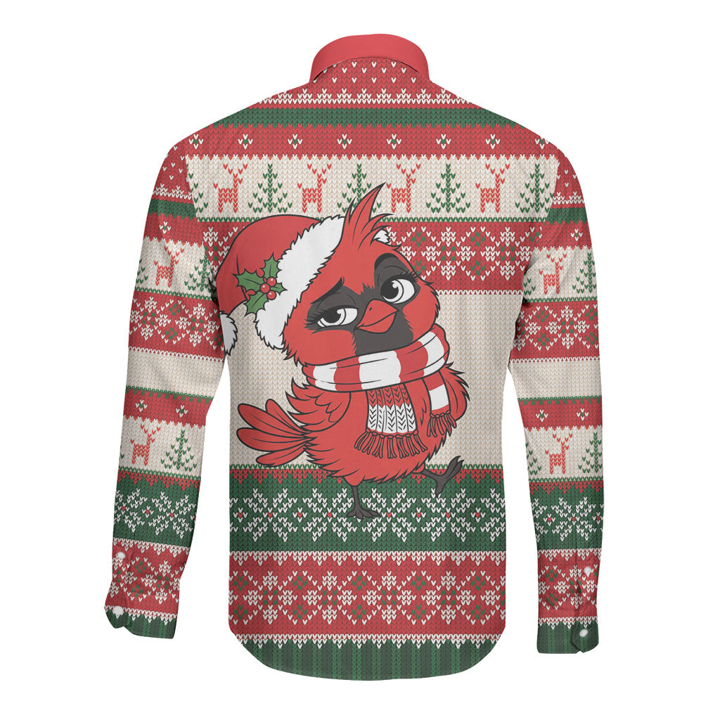 Aussie Cardinal Christmas Long Sleeve Button Shirt Festive Knitted Pattern Inspired