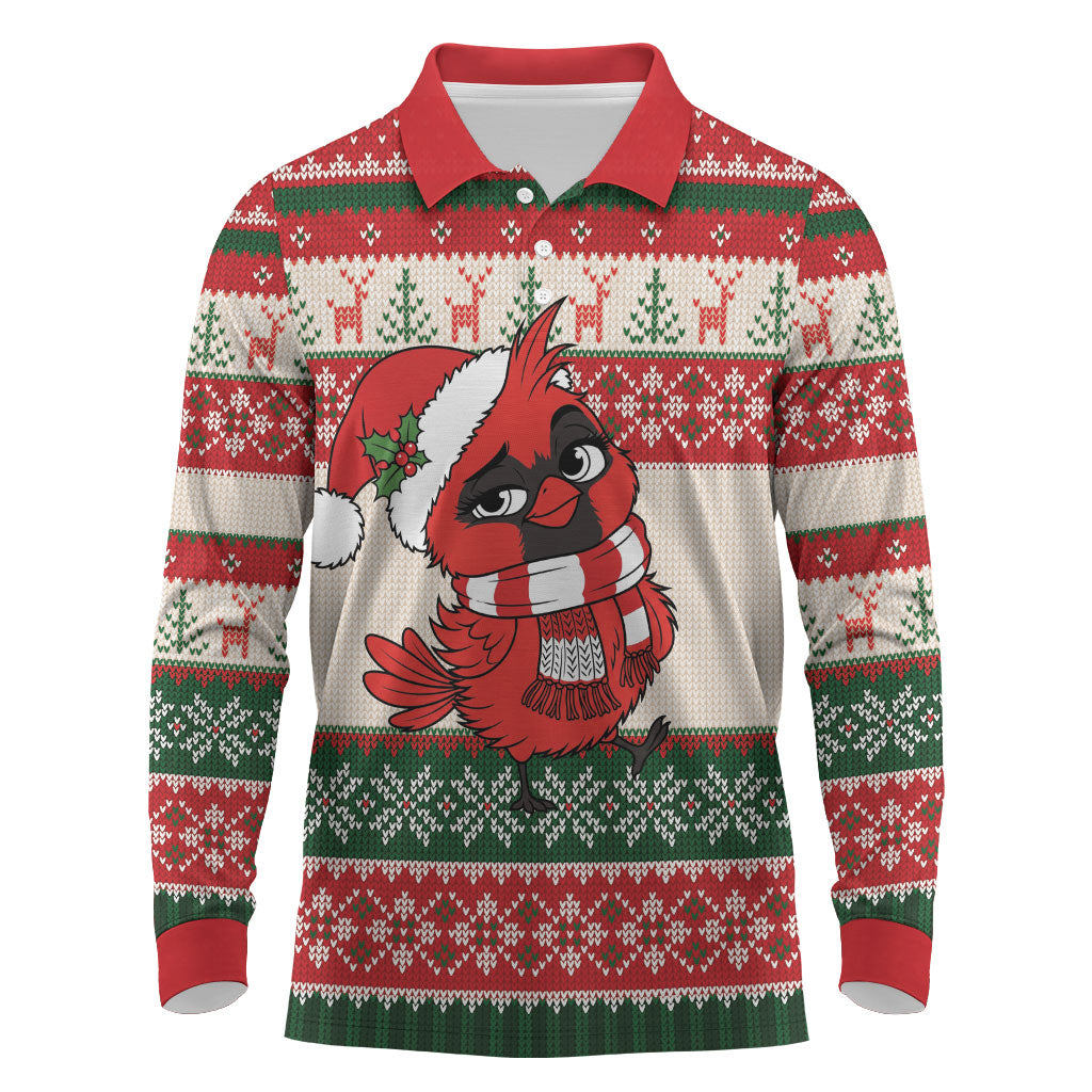Aussie Cardinal Christmas Long Sleeve Polo Shirt Festive Knitted Pattern Inspired