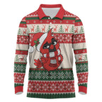 Aussie Cardinal Christmas Long Sleeve Polo Shirt Festive Knitted Pattern Inspired
