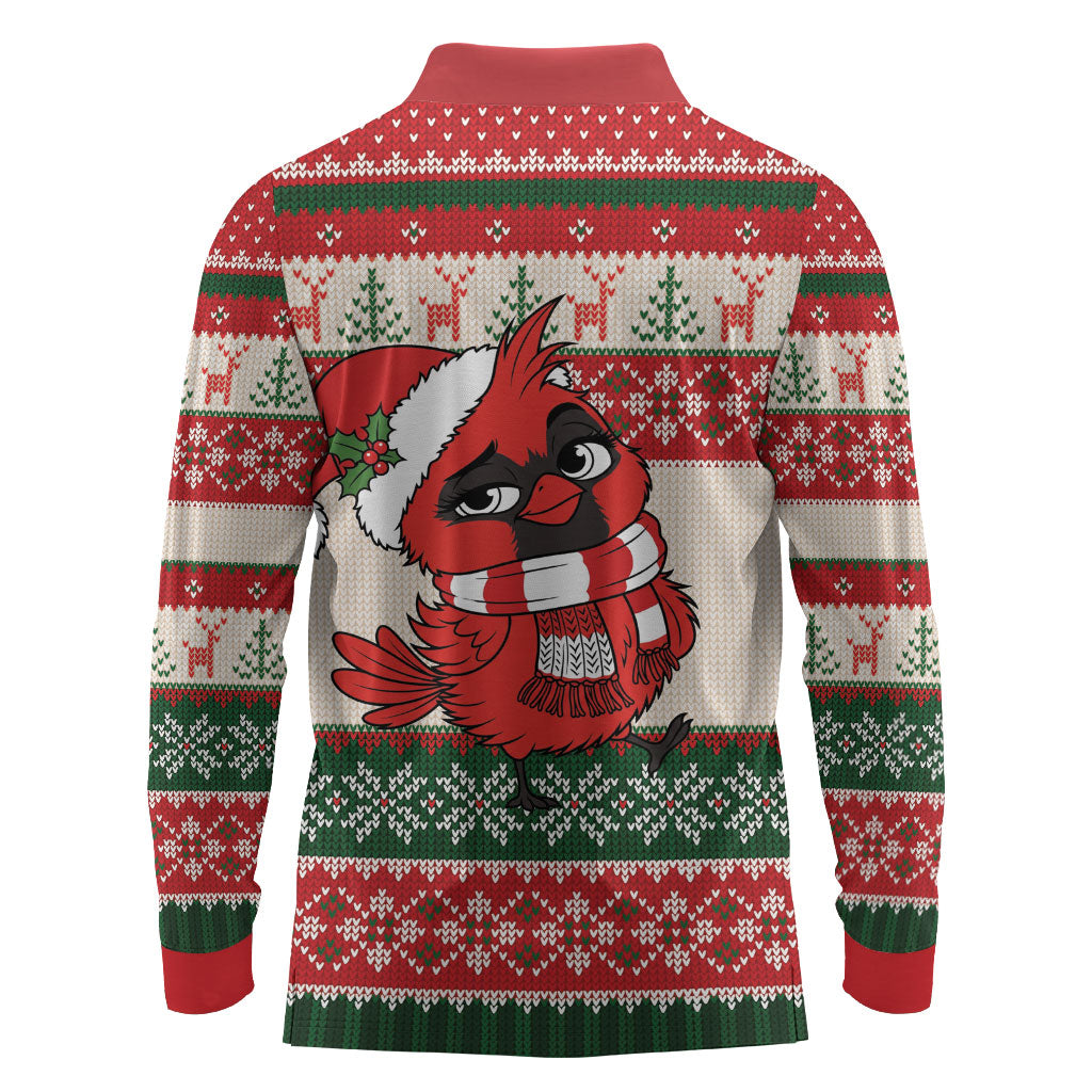 Aussie Cardinal Christmas Long Sleeve Polo Shirt Festive Knitted Pattern Inspired
