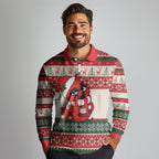 Aussie Cardinal Christmas Long Sleeve Polo Shirt Festive Knitted Pattern Inspired