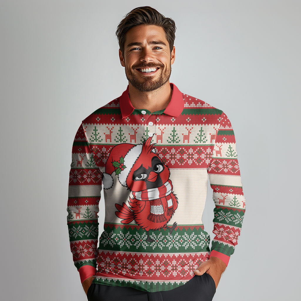 Aussie Cardinal Christmas Long Sleeve Polo Shirt Festive Knitted Pattern Inspired