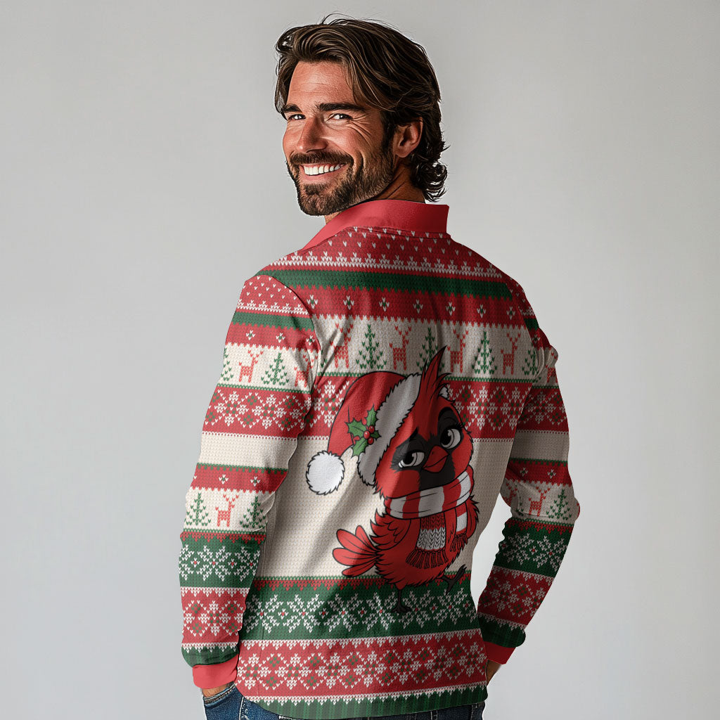 Aussie Cardinal Christmas Long Sleeve Polo Shirt Festive Knitted Pattern Inspired