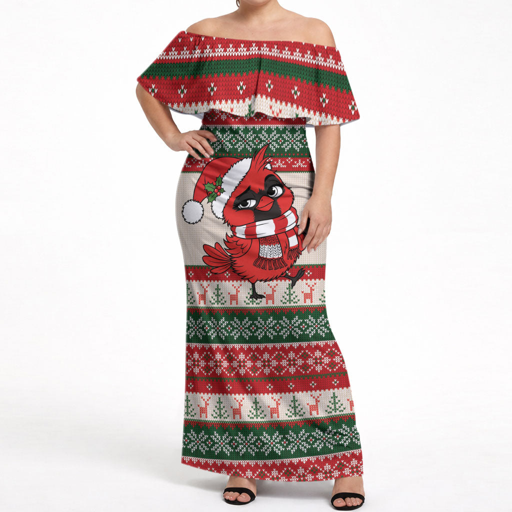 Aussie Cardinal Christmas Off Shoulder Maxi Dress Festive Knitted Pattern Inspired