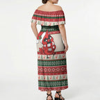 Aussie Cardinal Christmas Off Shoulder Maxi Dress Festive Knitted Pattern Inspired