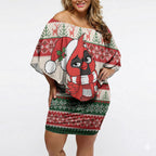 Aussie Cardinal Christmas Off Shoulder Short Dress Festive Knitted Pattern Inspired