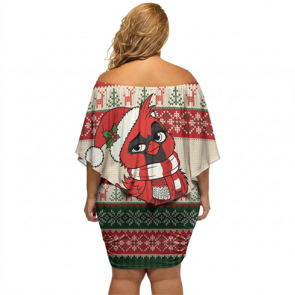 Aussie Cardinal Christmas Off Shoulder Short Dress Festive Knitted Pattern Inspired