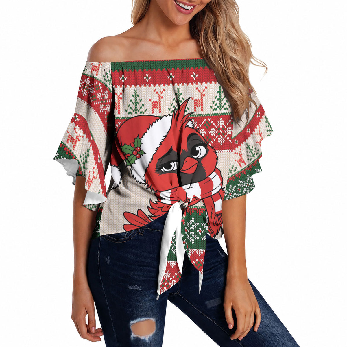Aussie Cardinal Christmas Off Shoulder Wrap Waist Top Festive Knitted Pattern Inspired