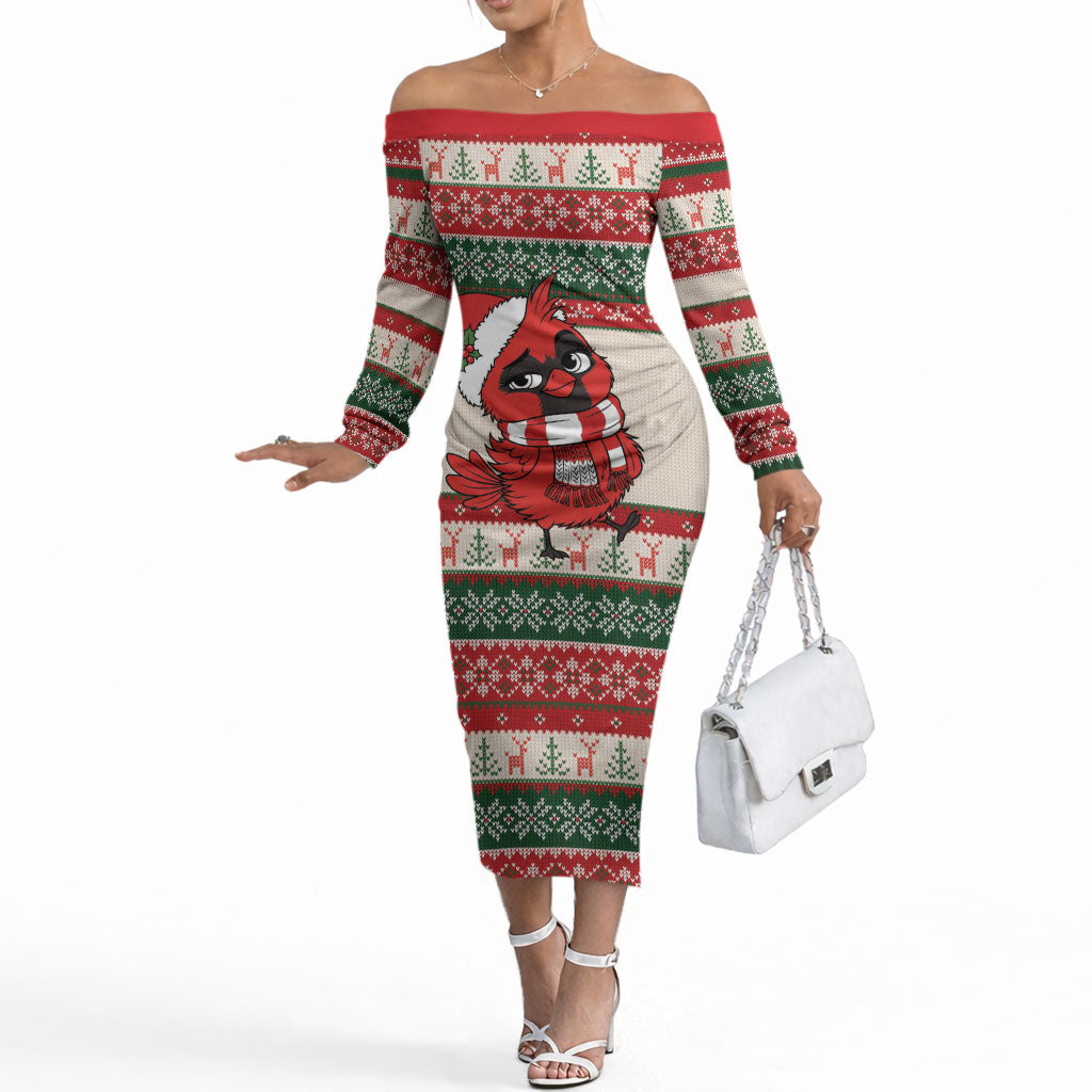 Aussie Cardinal Christmas Off The Shoulder Long Sleeve Dress Festive Knitted Pattern Inspired