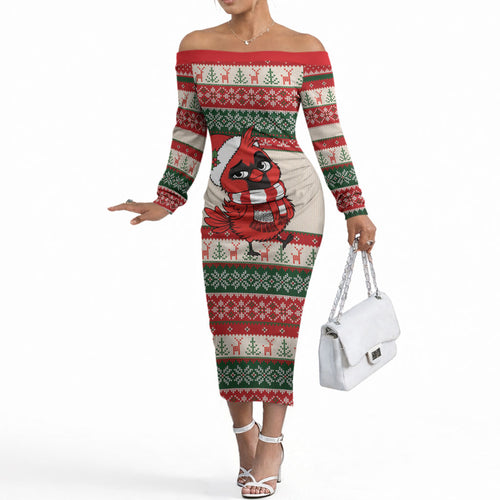 Aussie Cardinal Christmas Off The Shoulder Long Sleeve Dress Festive Knitted Pattern Inspired