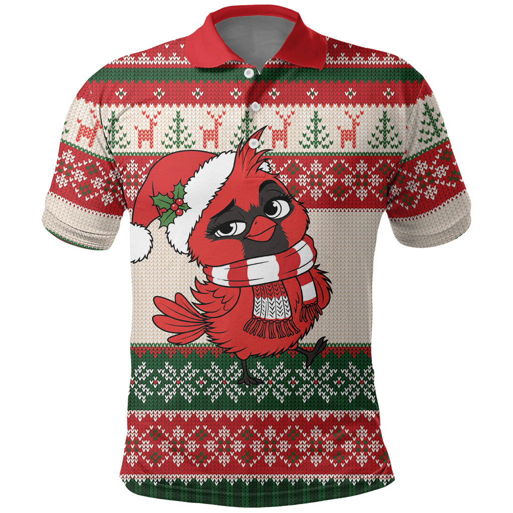 Aussie Cardinal Christmas Polo Shirt Festive Knitted Pattern Inspired