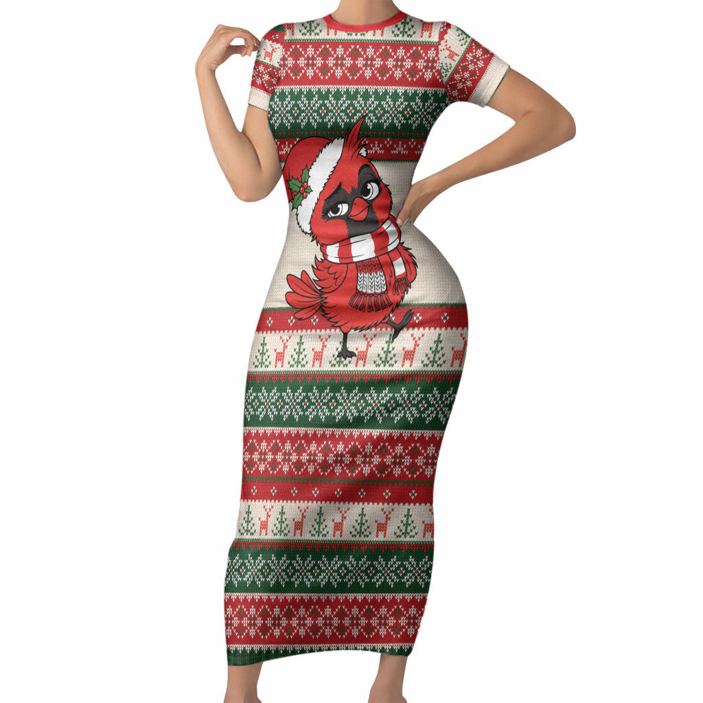 Aussie Cardinal Christmas Short Sleeve Bodycon Dress Festive Knitted Pattern Inspired