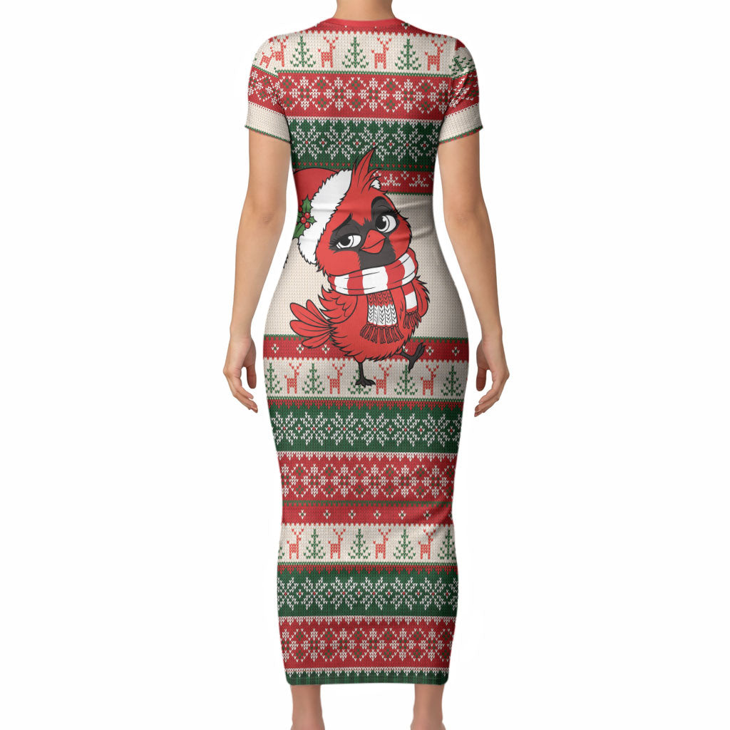 Aussie Cardinal Christmas Short Sleeve Bodycon Dress Festive Knitted Pattern Inspired