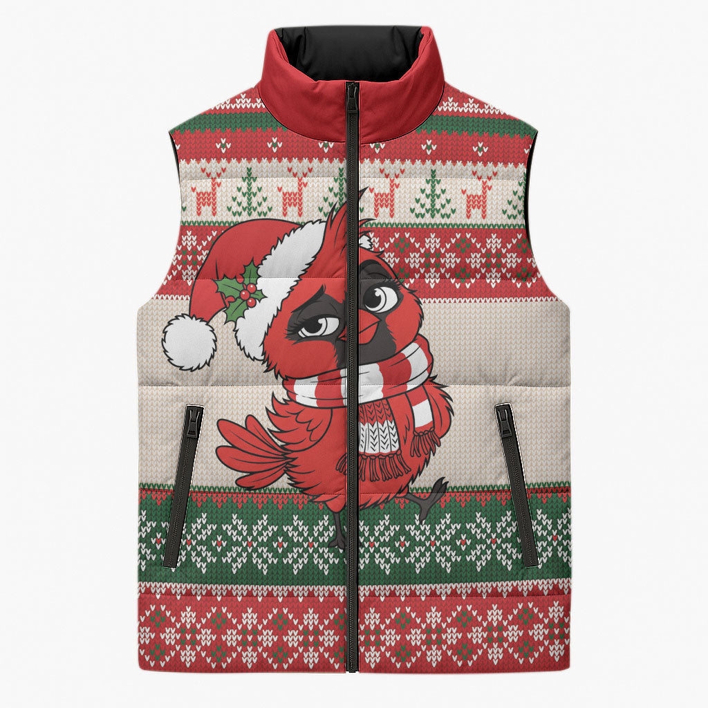 Aussie Cardinal Christmas Sleeveless Puffer Jacket Festive Knitted Pattern Inspired