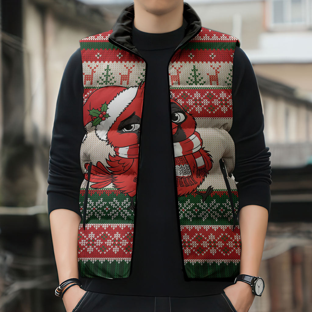 Aussie Cardinal Christmas Sleeveless Puffer Jacket Festive Knitted Pattern Inspired