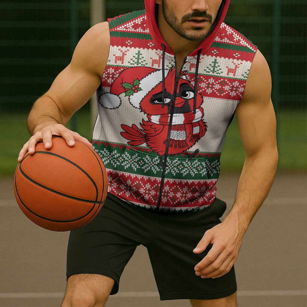 Aussie Cardinal Christmas Sleeveless Zip Hoodie Festive Knitted Pattern Inspired