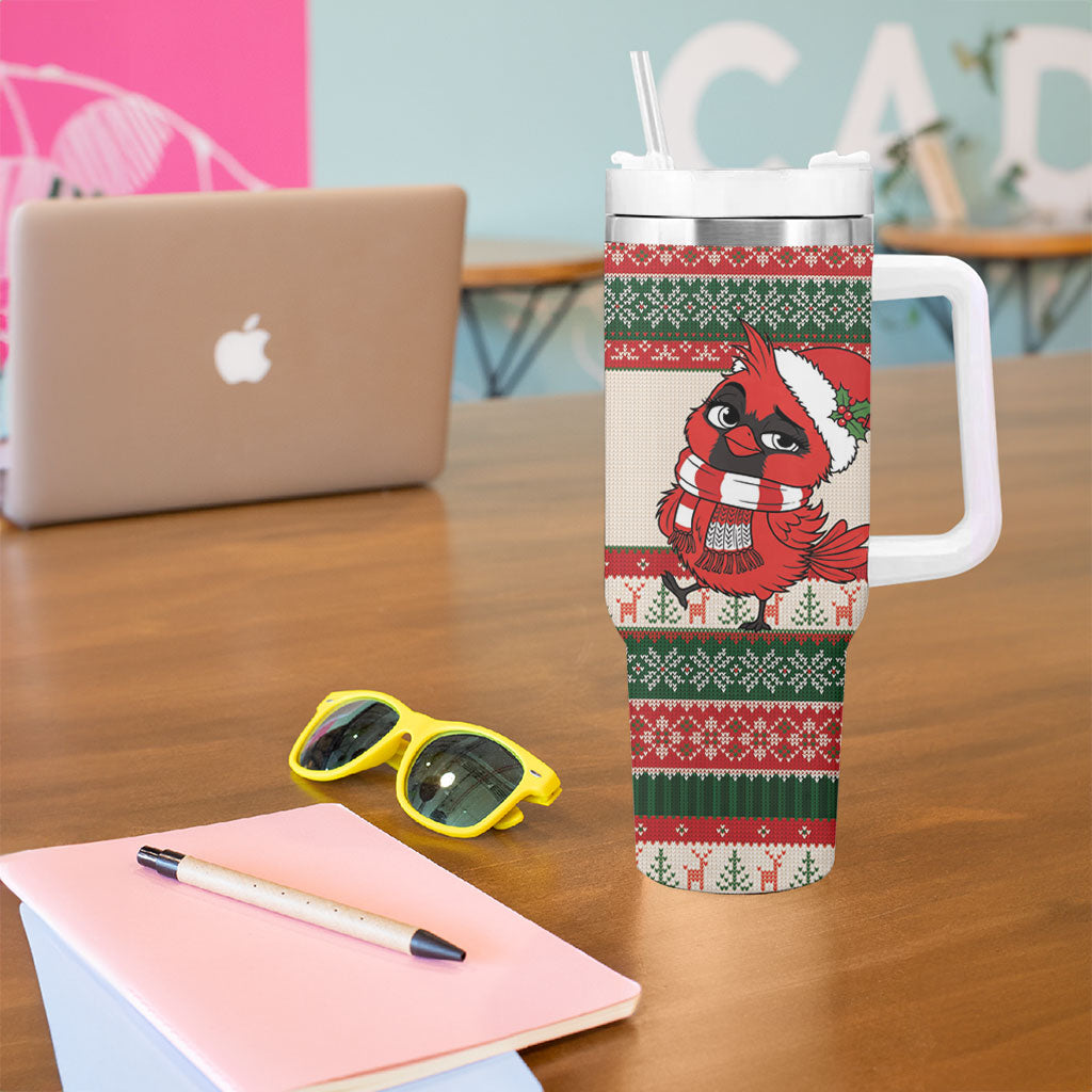 Aussie Cardinal Christmas Tumbler With Handle Festive Knitted Pattern Inspired
