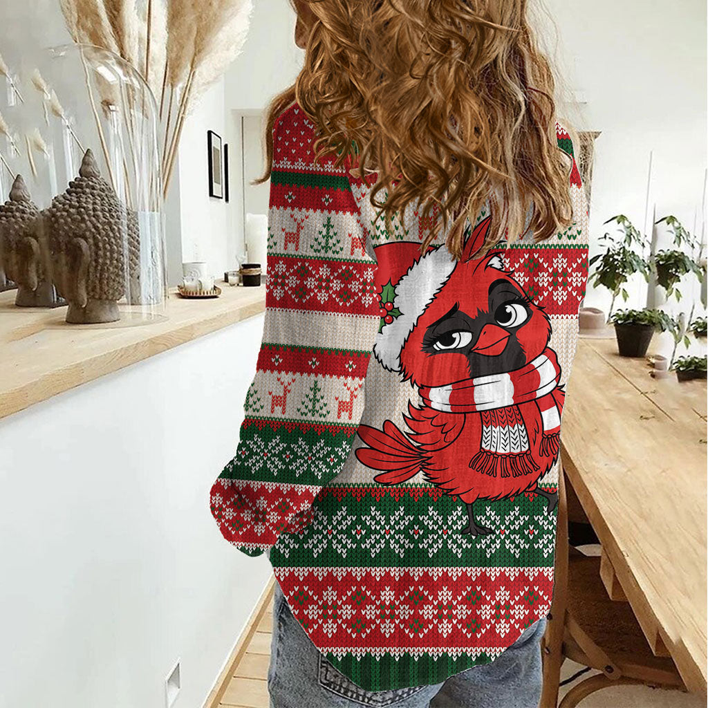 Aussie Cardinal Christmas Women Casual Shirt Festive Knitted Pattern Inspired