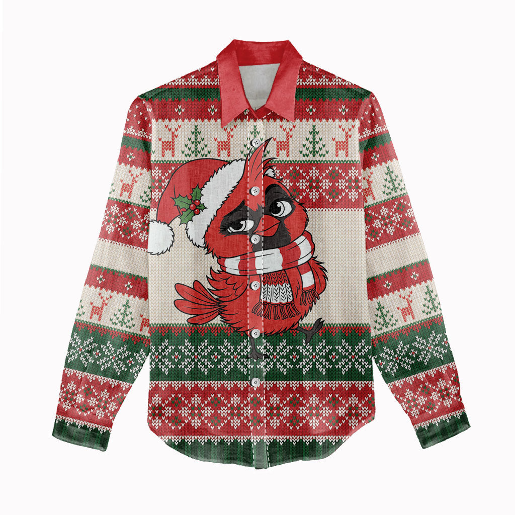 Aussie Cardinal Christmas Women Casual Shirt Festive Knitted Pattern Inspired