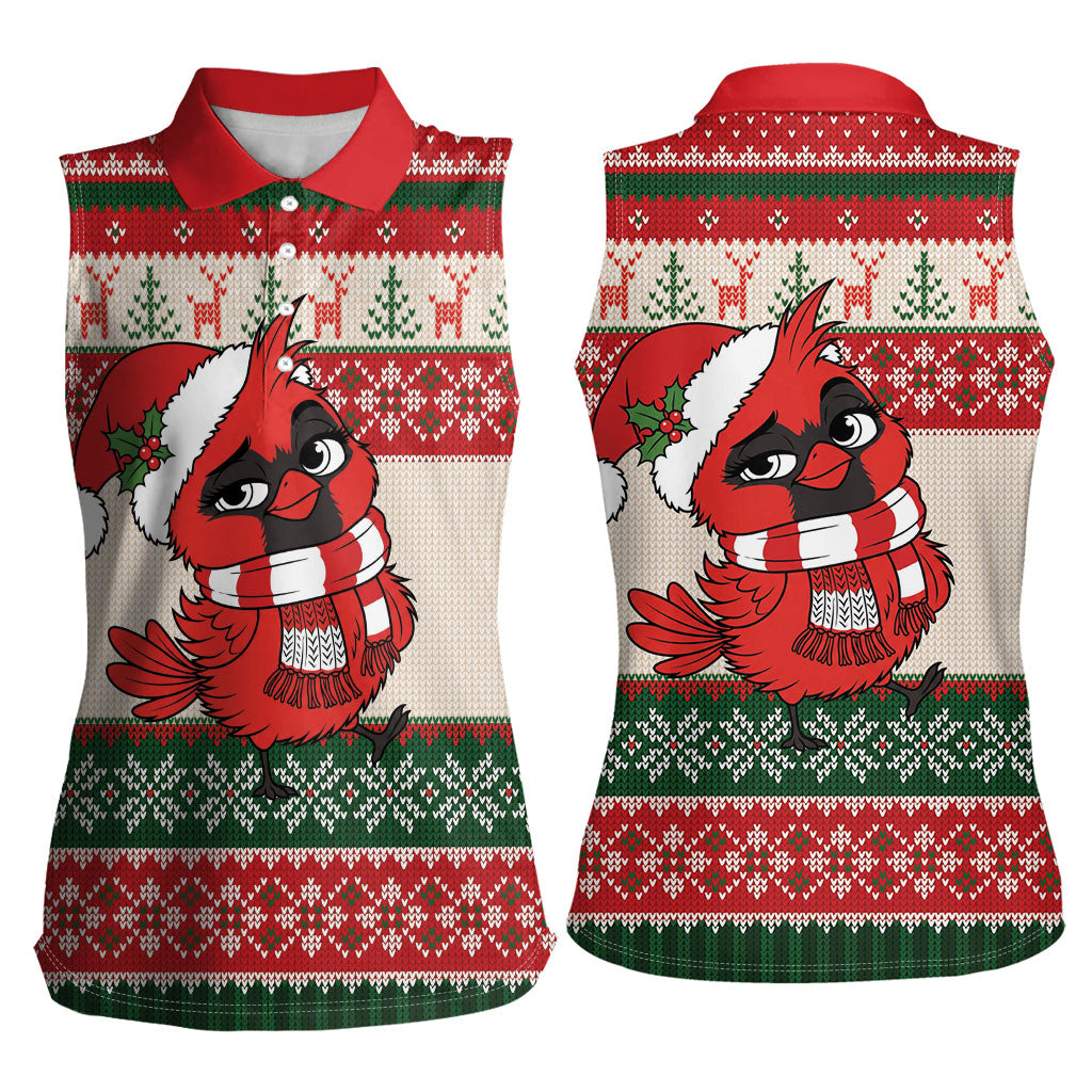 Aussie Cardinal Christmas Women Sleeveless Polo Shirt Festive Knitted Pattern Inspired