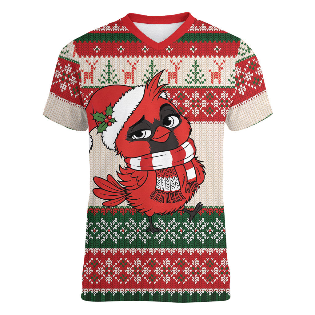 Aussie Cardinal Christmas Women V-Neck T-Shirt Festive Knitted Pattern Inspired