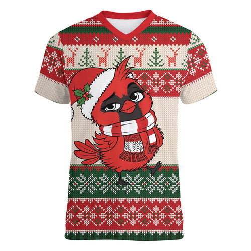 Aussie Cardinal Christmas Women V-Neck T-Shirt Festive Knitted Pattern Inspired
