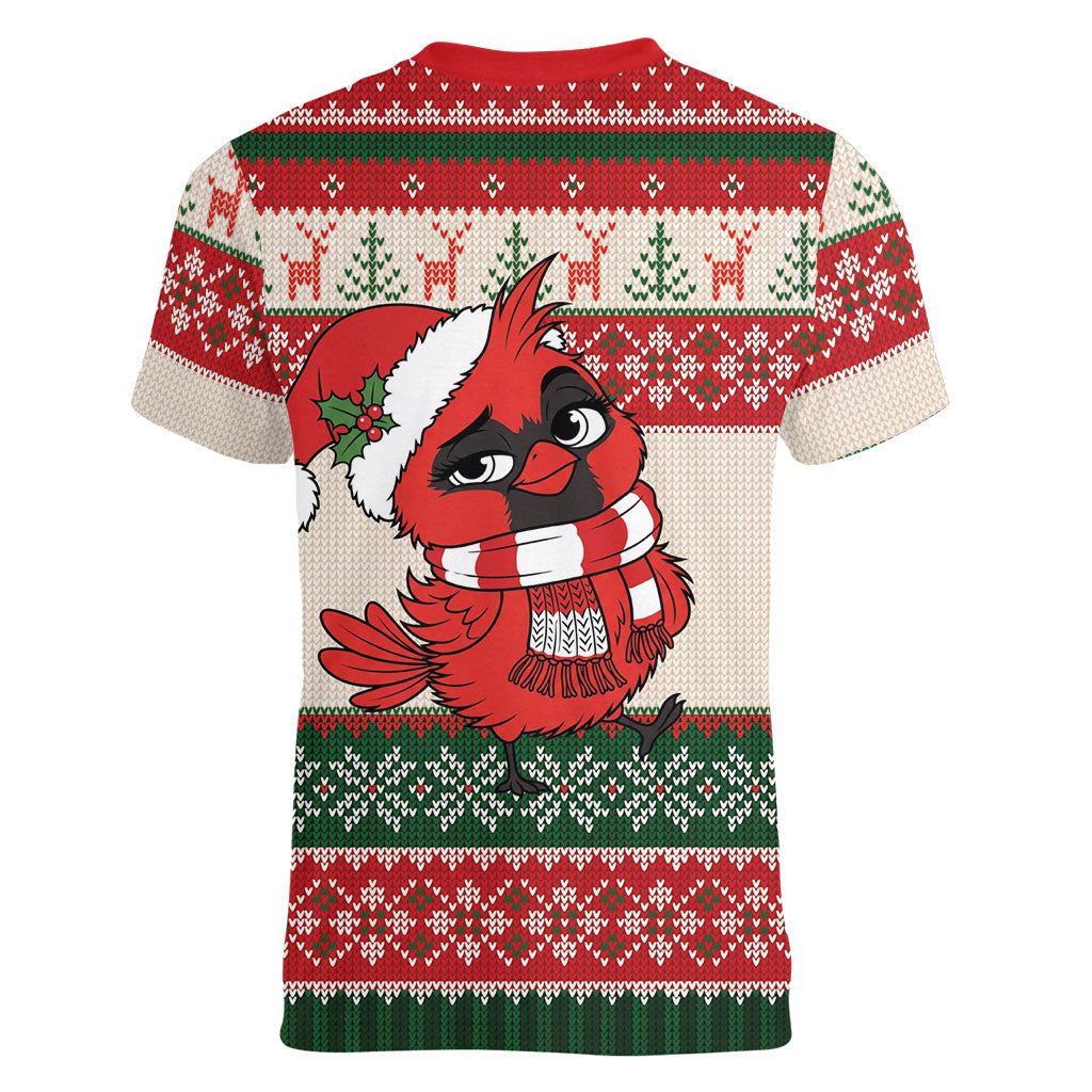 Aussie Cardinal Christmas Women V-Neck T-Shirt Festive Knitted Pattern Inspired