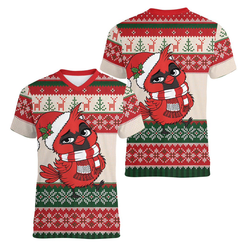 Aussie Cardinal Christmas Women V-Neck T-Shirt Festive Knitted Pattern Inspired
