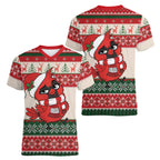 Aussie Cardinal Christmas Women V-Neck T-Shirt Festive Knitted Pattern Inspired