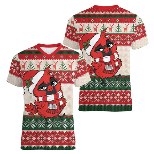 Aussie Cardinal Christmas Women V-Neck T-Shirt Festive Knitted Pattern Inspired