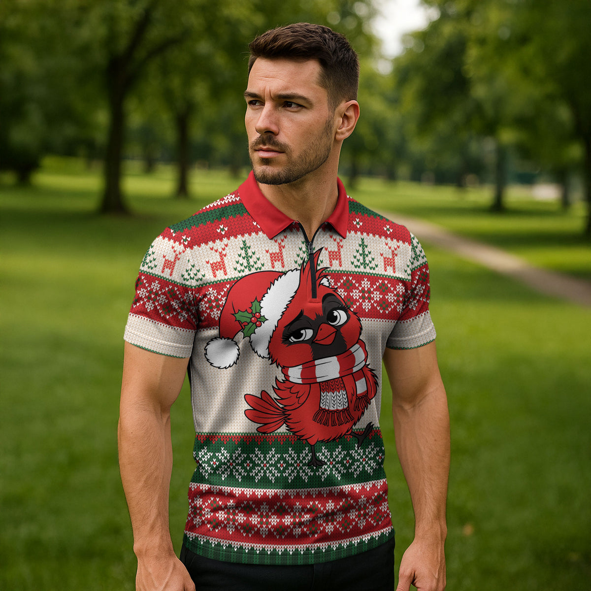 Aussie Cardinal Christmas Zipper Polo Shirt Festive Knitted Pattern Inspired