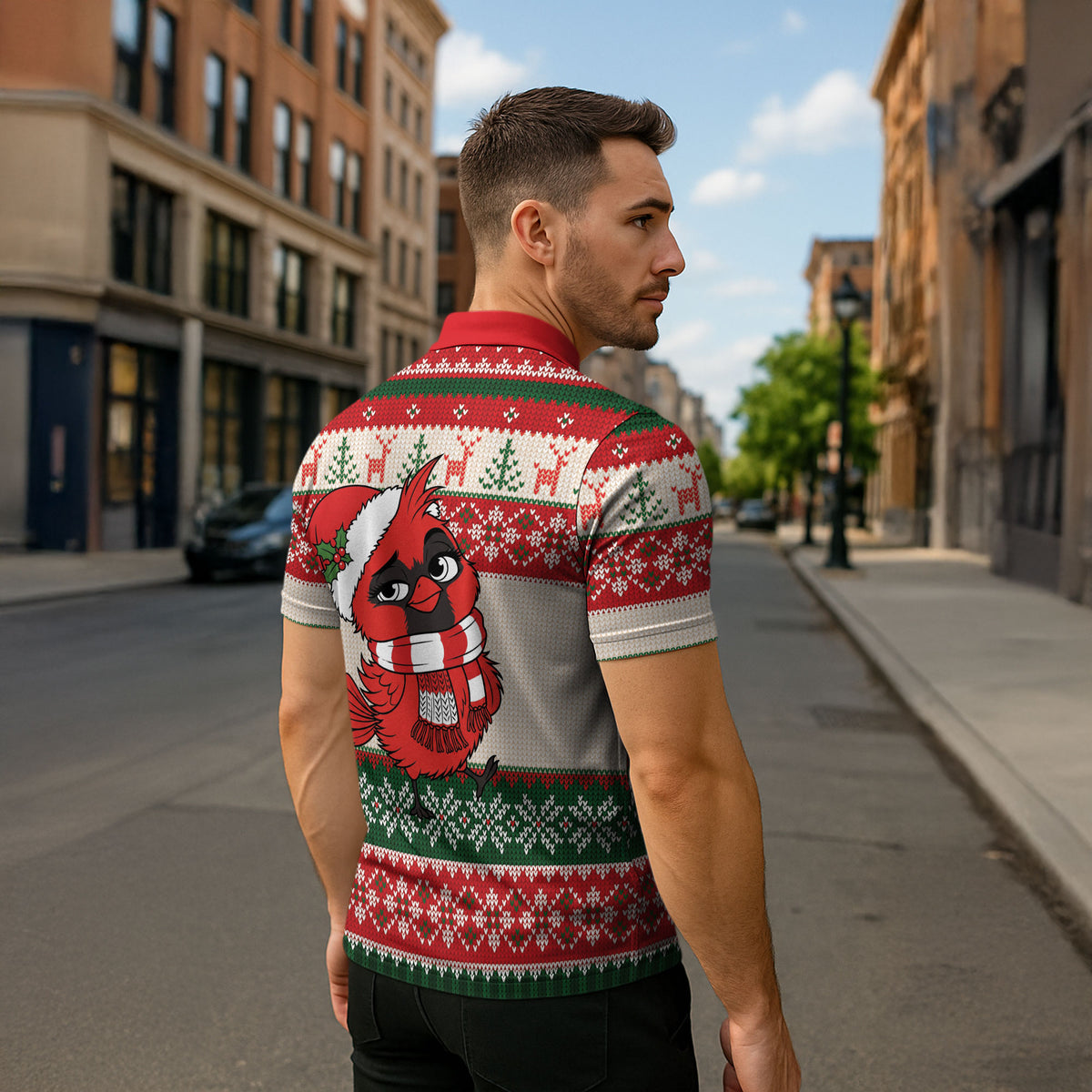 Aussie Cardinal Christmas Zipper Polo Shirt Festive Knitted Pattern Inspired